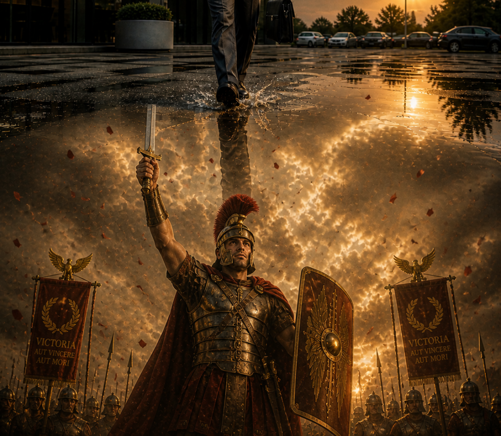 Mike (am man) walking with office tools in hand heading toward a meeting stepping into a puddle that reflects him as a Roman Centurion walking in victory of battle